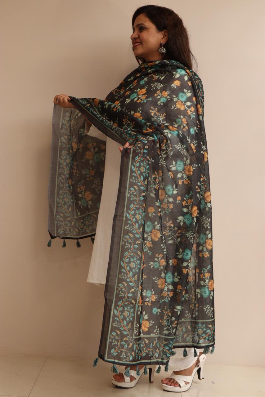 Luxurion World- Crafted Heirlooms - Black Digital Printed Organza Flower Design Dupatta with Handcrafted Tassels â€“ Traditional Wear for Women, Lightweight & Elegant - Luxurion World- Crafted Heirlooms
