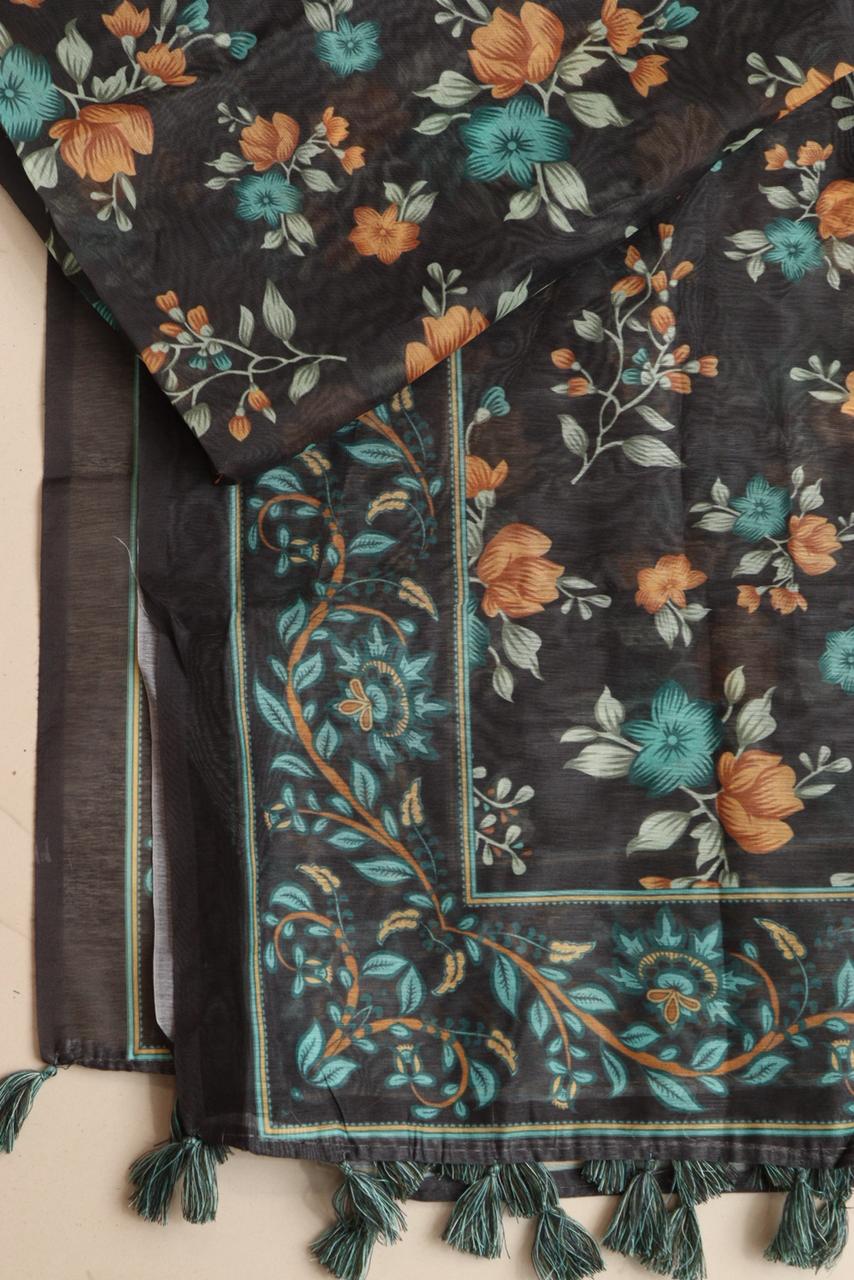 LUXURION WORLD - Black Digital Printed Organza Flower Design Dupatta with Handcrafted Tassels – Traditional Wear for Women, Lightweight & Elegant - Luxurion World