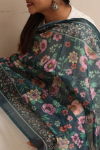 Luxurion World- Crafted Heirlooms - Blue Digital Printed Organza Flower Design Dupatta with Handcrafted Tassels â€“ Traditional Wear for Women, Lightweight & Elegant - Luxurion World- Crafted Heirlooms