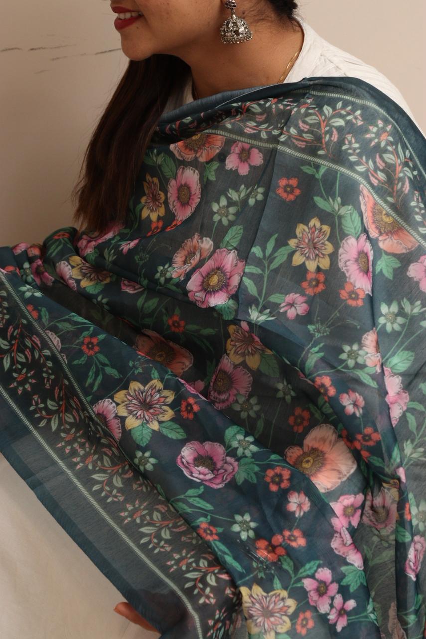 Luxurion World- Crafted Heirlooms - Blue Digital Printed Organza Flower Design Dupatta with Handcrafted Tassels â€“ Traditional Wear for Women, Lightweight & Elegant - Luxurion World- Crafted Heirlooms