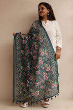 Luxurion World- Crafted Heirlooms - Blue Digital Printed Organza Flower Design Dupatta with Handcrafted Tassels â€“ Traditional Wear for Women, Lightweight & Elegant - Luxurion World- Crafted Heirlooms