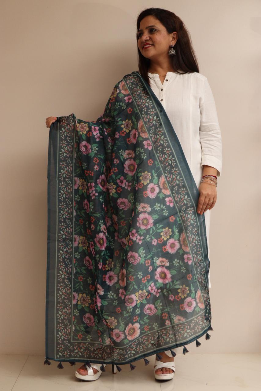 Luxurion World- Crafted Heirlooms - Blue Digital Printed Organza Flower Design Dupatta with Handcrafted Tassels â€“ Traditional Wear for Women, Lightweight & Elegant - Luxurion World- Crafted Heirlooms