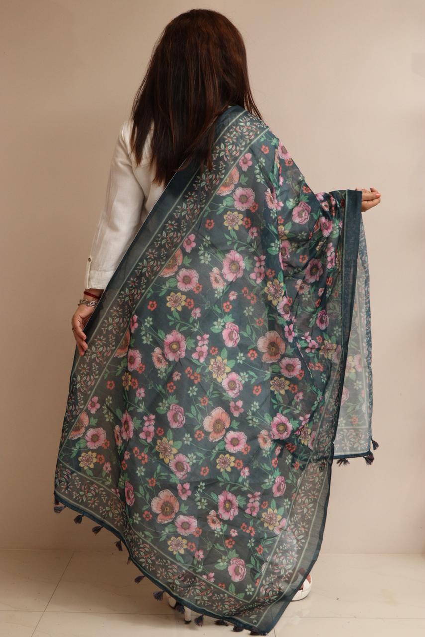 Luxurion World- Crafted Heirlooms - Blue Digital Printed Organza Flower Design Dupatta with Handcrafted Tassels â€“ Traditional Wear for Women, Lightweight & Elegant - Luxurion World- Crafted Heirlooms