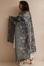 Luxurion World- Crafted Heirlooms - Blue Digital Printed Organza Flower Design Dupatta with Handcrafted Tassels â€“ Traditional Wear for Women, Lightweight & Elegant - Luxurion World- Crafted Heirlooms