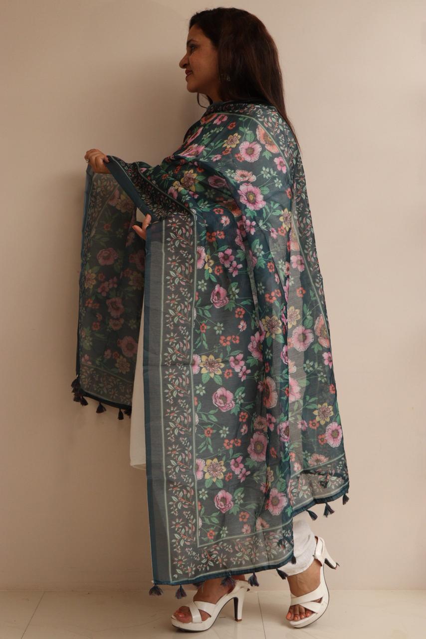 Luxurion World- Crafted Heirlooms - Blue Digital Printed Organza Flower Design Dupatta with Handcrafted Tassels â€“ Traditional Wear for Women, Lightweight & Elegant - Luxurion World- Crafted Heirlooms