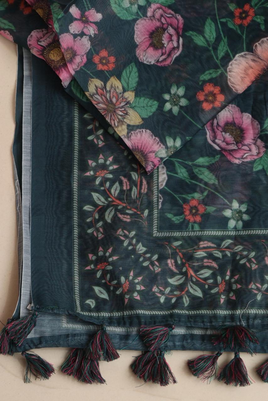Luxurion World- Crafted Heirlooms - Blue Digital Printed Organza Flower Design Dupatta with Handcrafted Tassels â€“ Traditional Wear for Women, Lightweight & Elegant - Luxurion World- Crafted Heirlooms