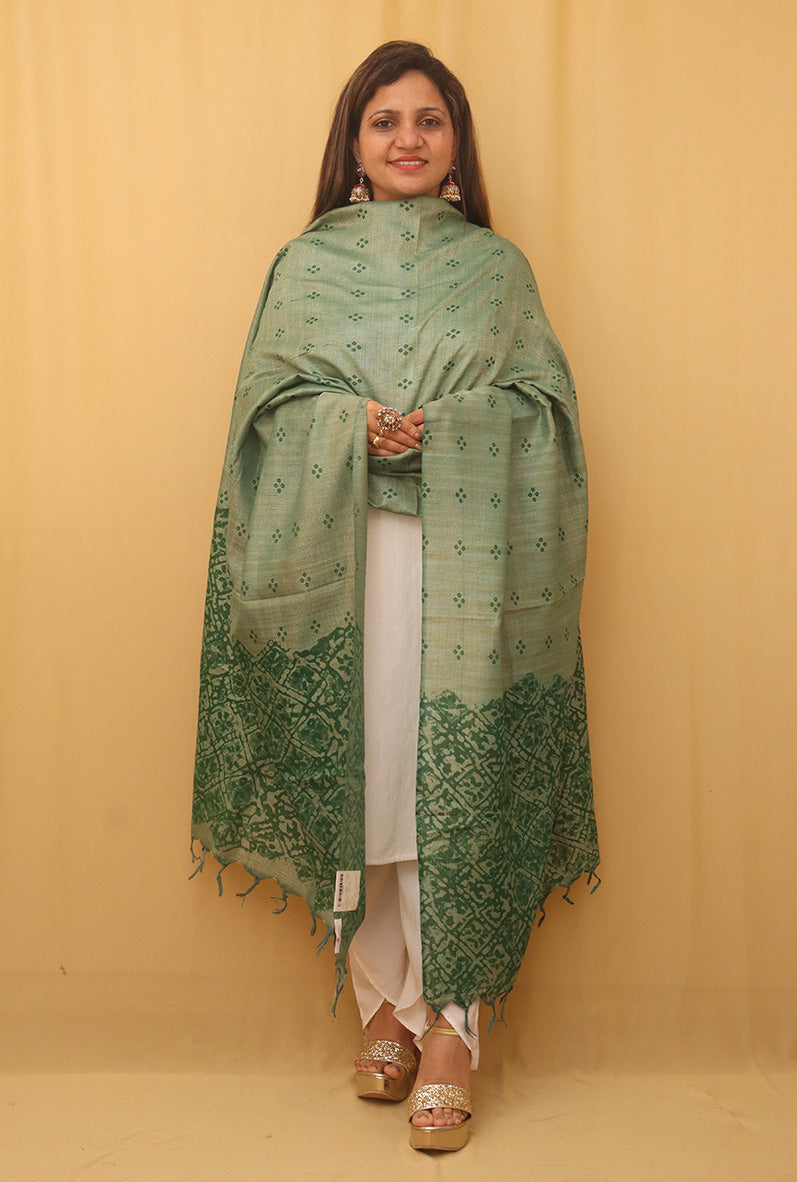 Green Linen Cotton Dupatta with Digital Print - Luxurion World