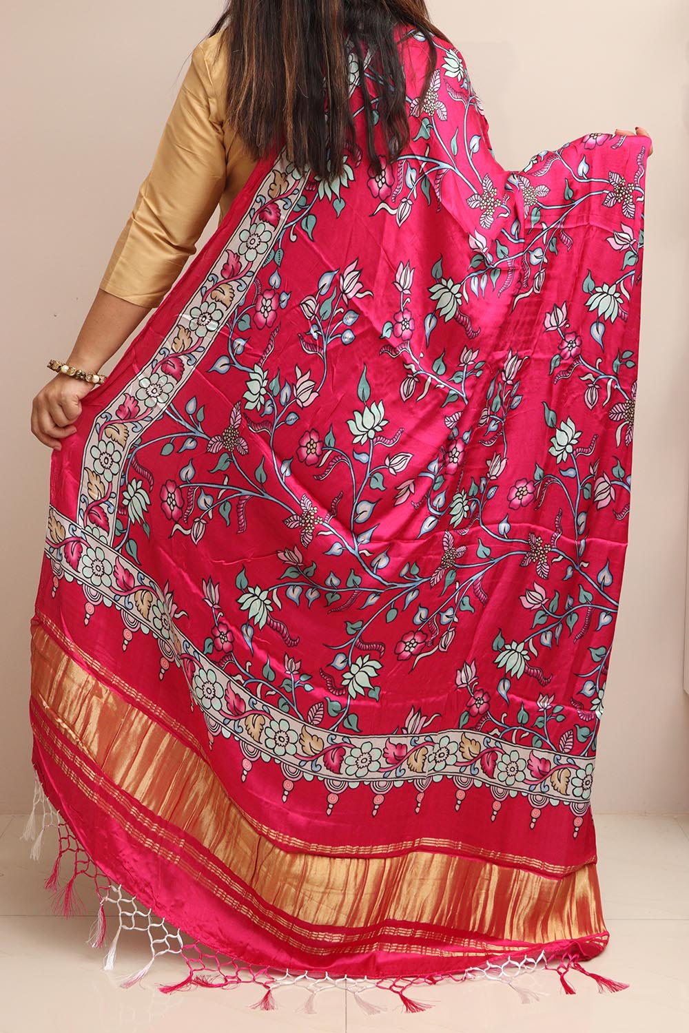 Pink Digital Printed Floral Design Modal Silk Dupatta - Luxurion World- Crafted Heirlooms