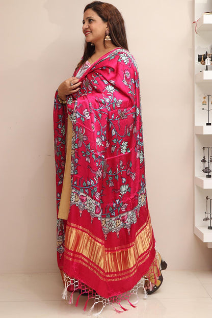 Pink Digital Printed Floral Design Modal Silk Dupatta - Luxurion World