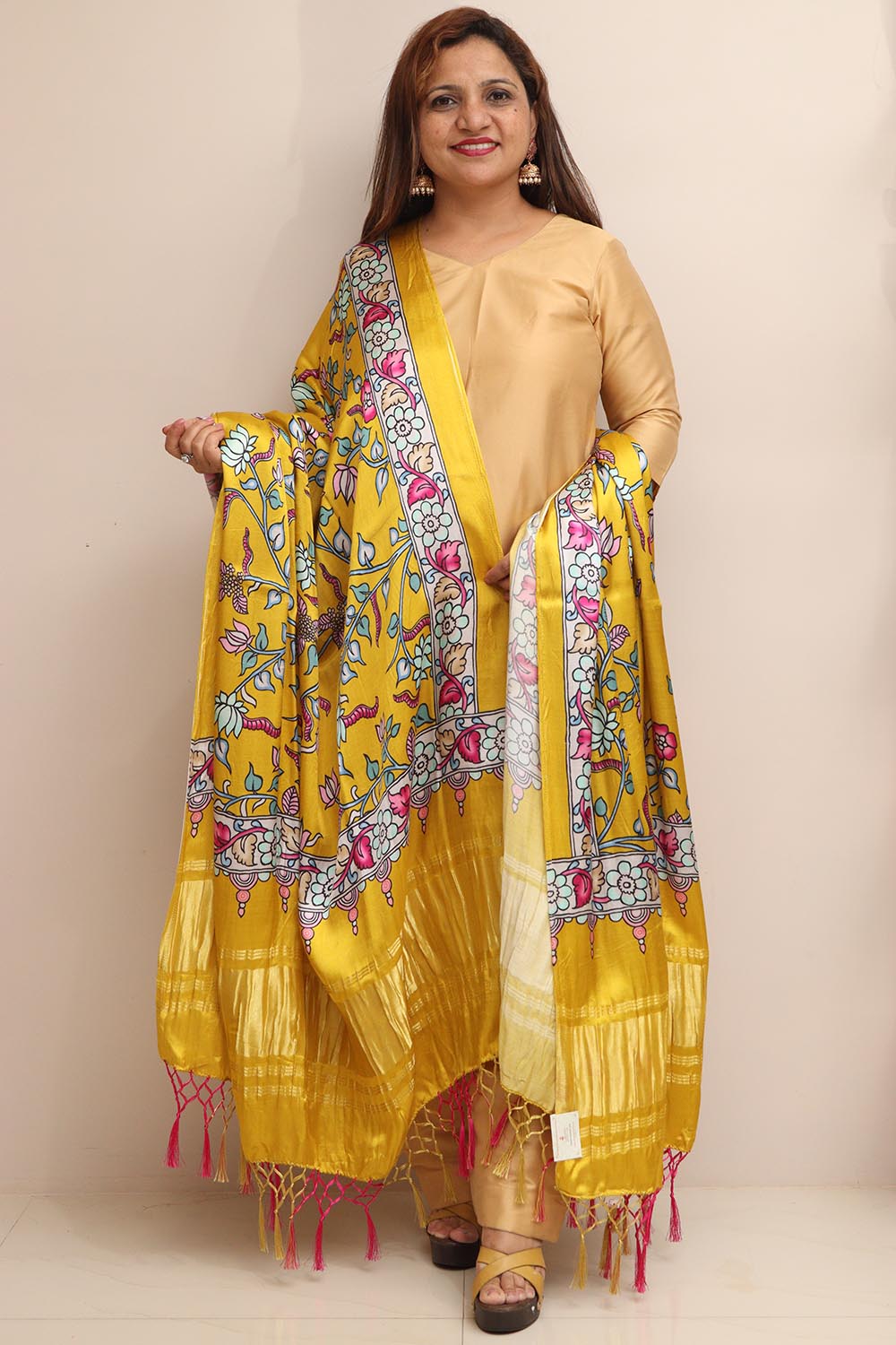 Yellow Digital Printed Floral Design Modal Silk Dupatta - Luxurion World- Crafted Heirlooms