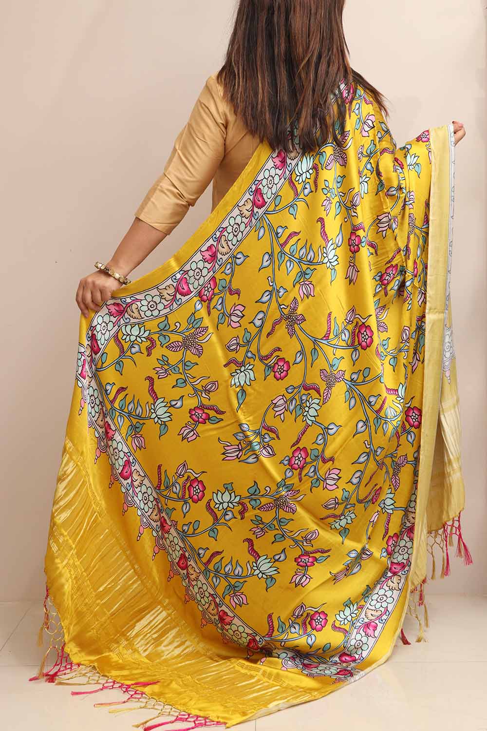 Yellow Digital Printed Floral Design Modal Silk Dupatta - Luxurion World