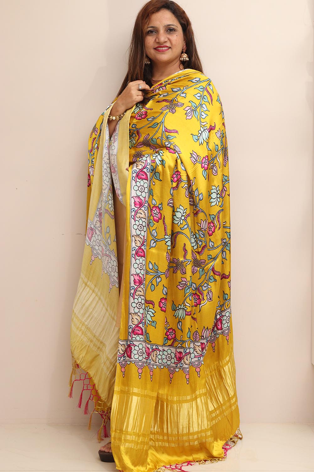 Yellow Digital Printed Floral Design Modal Silk Dupatta - Luxurion World- Crafted Heirlooms
