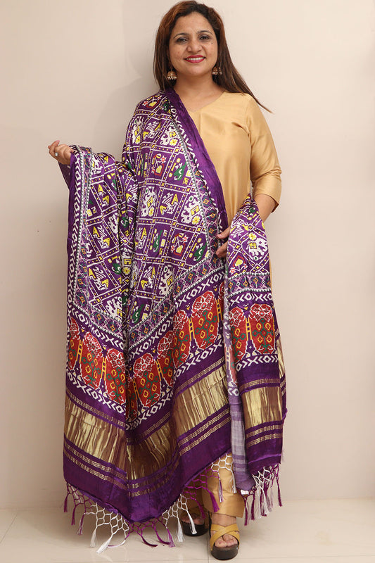 Purple Digital Printed Patola Design Modal Silk Dupatta - Luxurion World