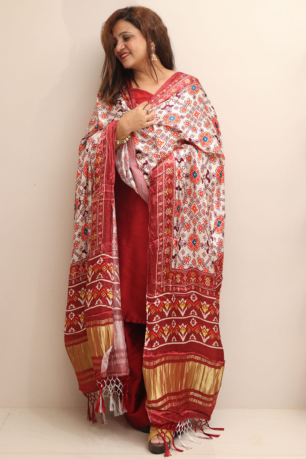 Multicolor Digital Printed Patola Design Modal Silk Dupatta - Luxurion World- Crafted Heirlooms