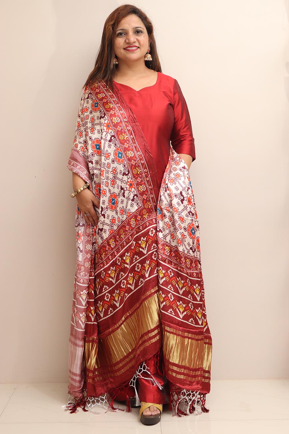 Multicolor Digital Printed Patola Design Modal Silk Dupatta - Luxurion World- Crafted Heirlooms