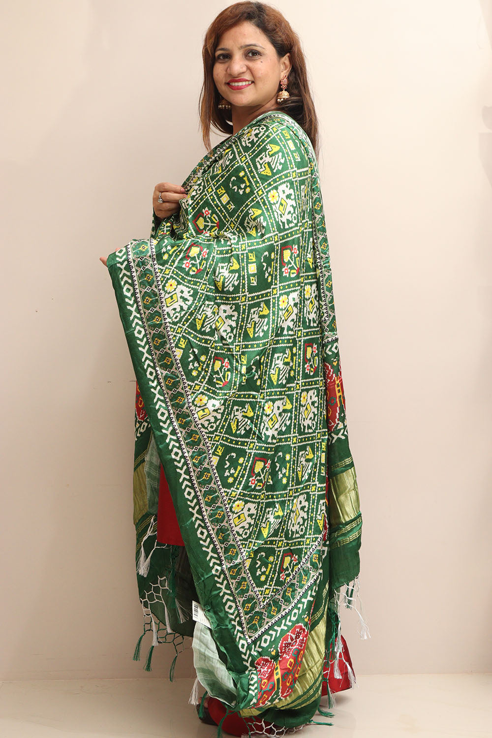 Stunning Green Digital Printed Patola Design Modal Silk Dupatta - Luxurion World- Crafted Heirlooms