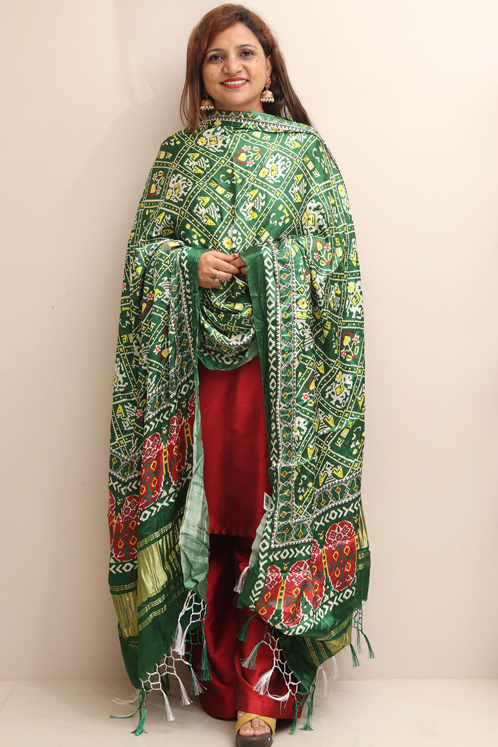 Stunning Green Digital Printed Patola Design Modal Silk Dupatta - Luxurion World- Crafted Heirlooms