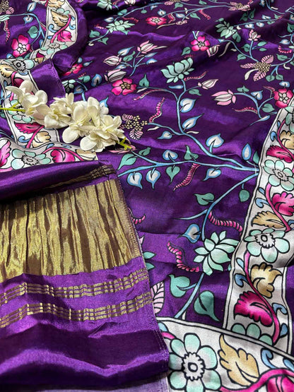 Purple Digital Printed Flower Design Modal Silk Dupatta - Luxurion World
