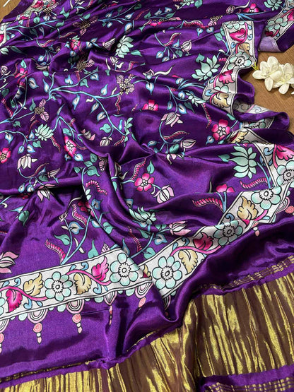 Purple Digital Printed Flower Design Modal Silk Dupatta - Luxurion World