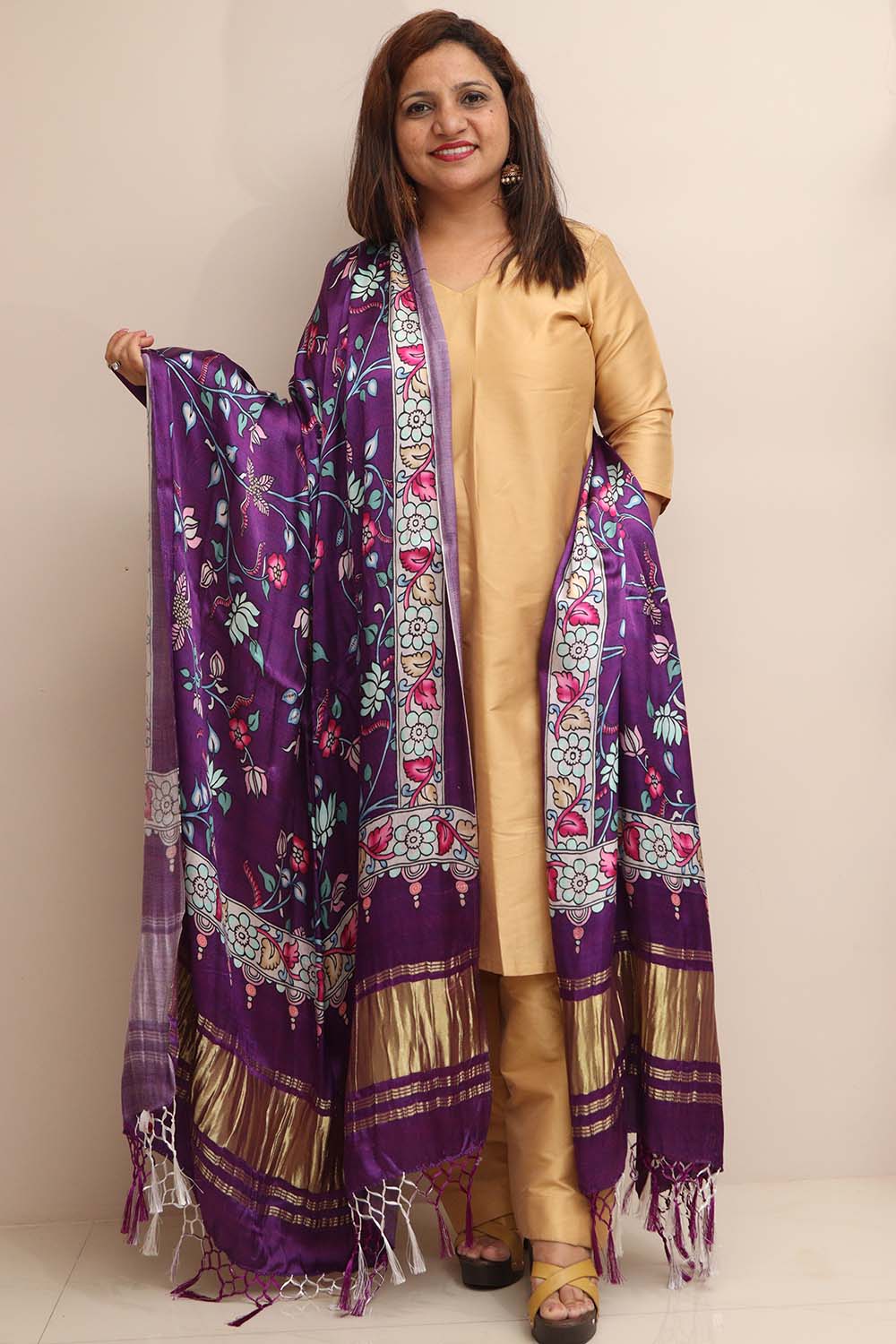 Purple Digital Printed Flower Design Modal Silk Dupatta - Luxurion World