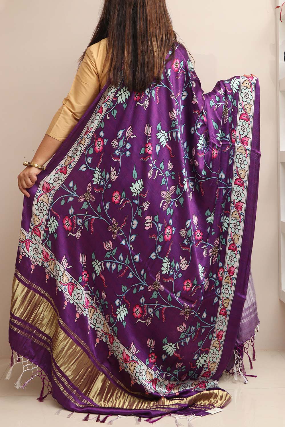 Purple Digital Printed Flower Design Modal Silk Dupatta - Luxurion World