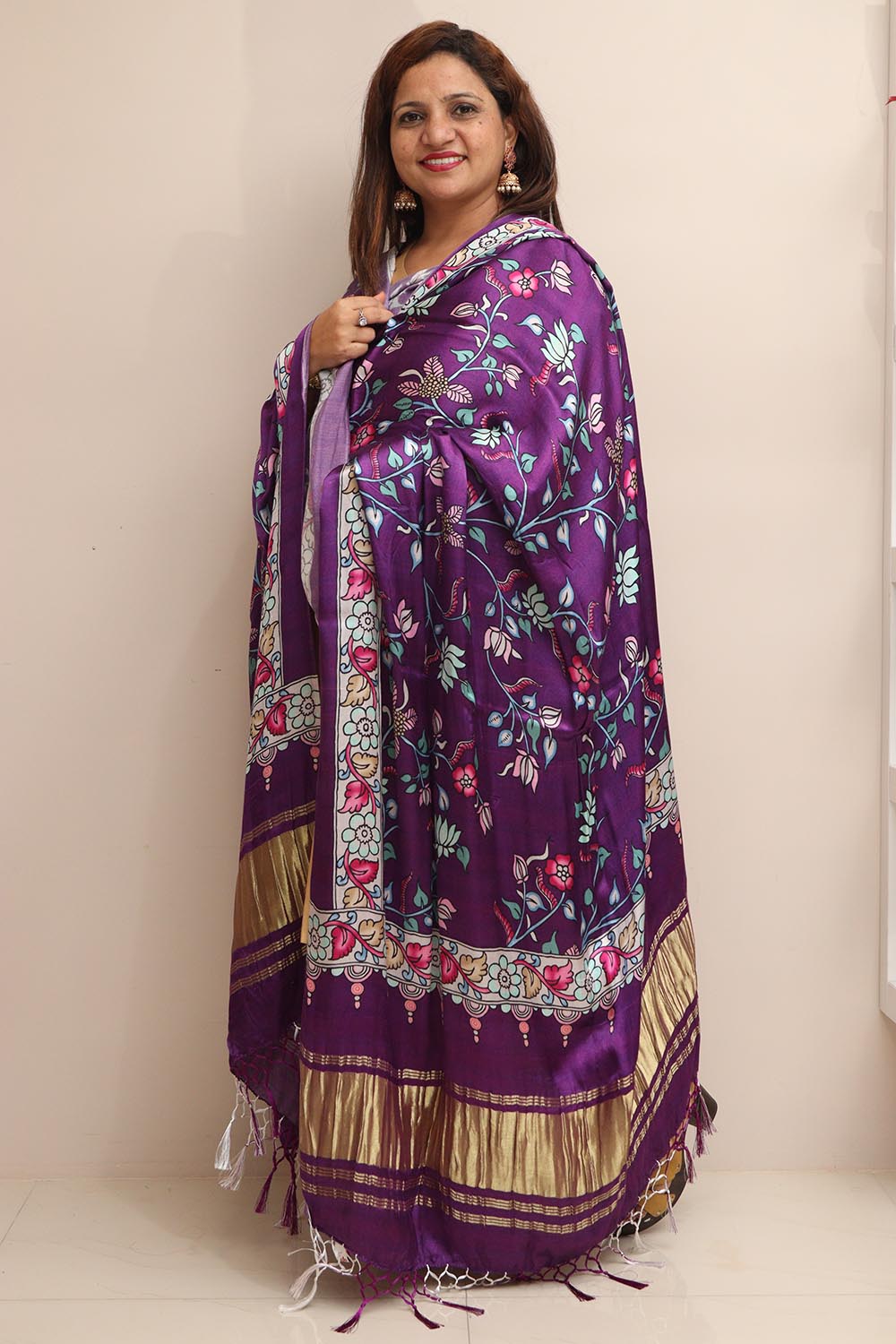 Purple Digital Printed Flower Design Modal Silk Dupatta - Luxurion World