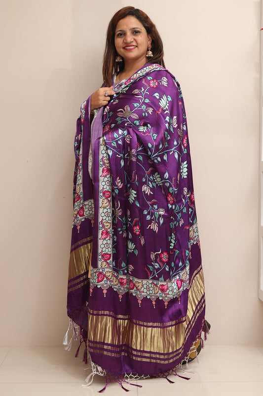 Purple Digital Printed Flower Design Modal Silk Dupatta - Luxurion World