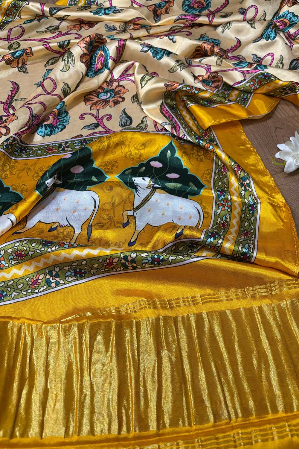 Yellow Digital Printed Floral And Pichwai Design Modal Silk Dupatta - Luxurion World