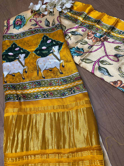 Yellow Digital Printed Floral And Pichwai Design Modal Silk Dupatta - Luxurion World