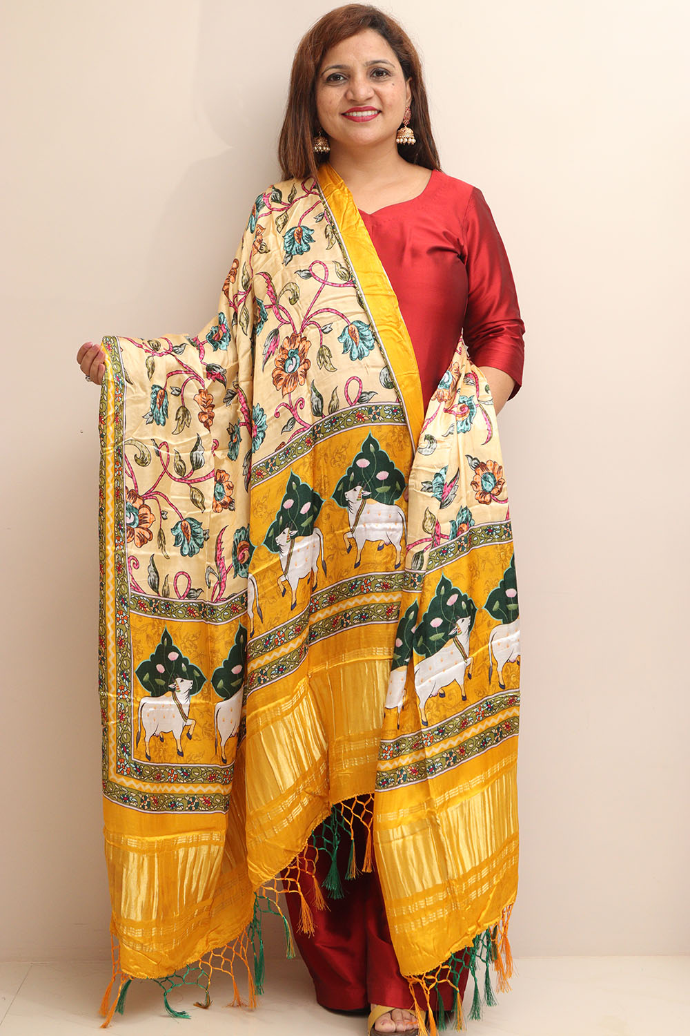 Yellow Digital Printed Floral And Pichwai Design Modal Silk Dupatta - Luxurion World