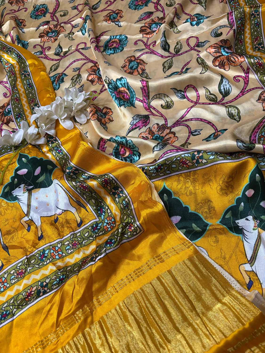 Yellow Digital Printed Floral And Pichwai Design Modal Silk Dupatta - Luxurion World
