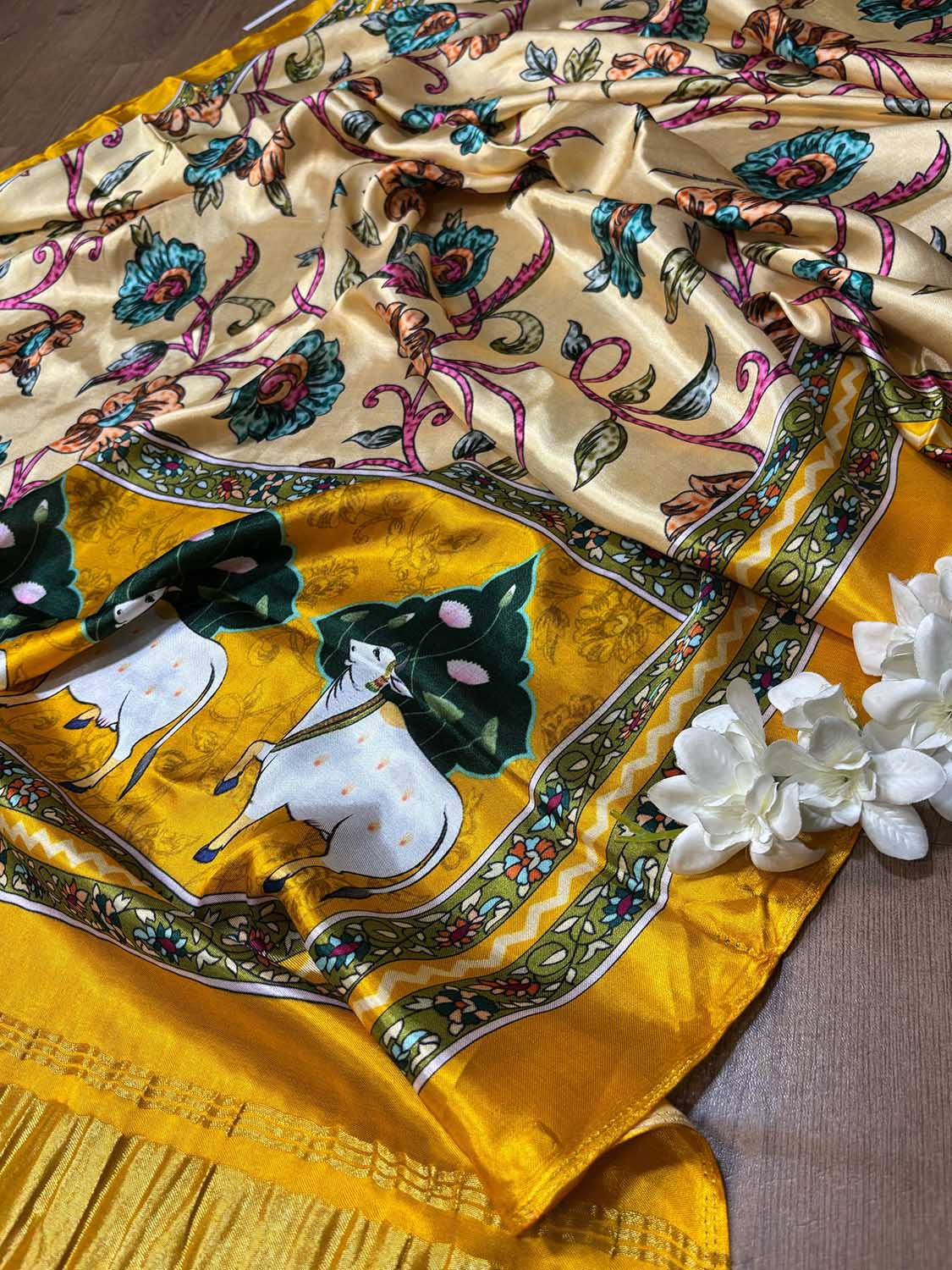 Yellow Digital Printed Floral And Pichwai Design Modal Silk Dupatta - Luxurion World