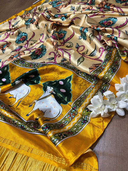 Yellow Digital Printed Floral And Pichwai Design Modal Silk Dupatta - Luxurion World