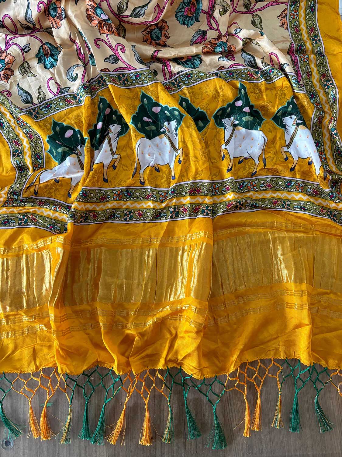 Yellow Digital Printed Floral And Pichwai Design Modal Silk Dupatta - Luxurion World