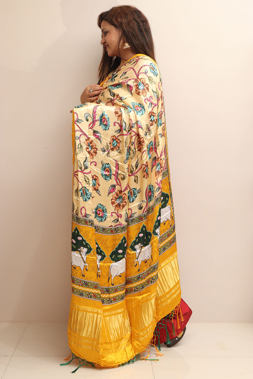 Yellow Digital Printed Floral And Pichwai Design Modal Silk Dupatta - Luxurion World