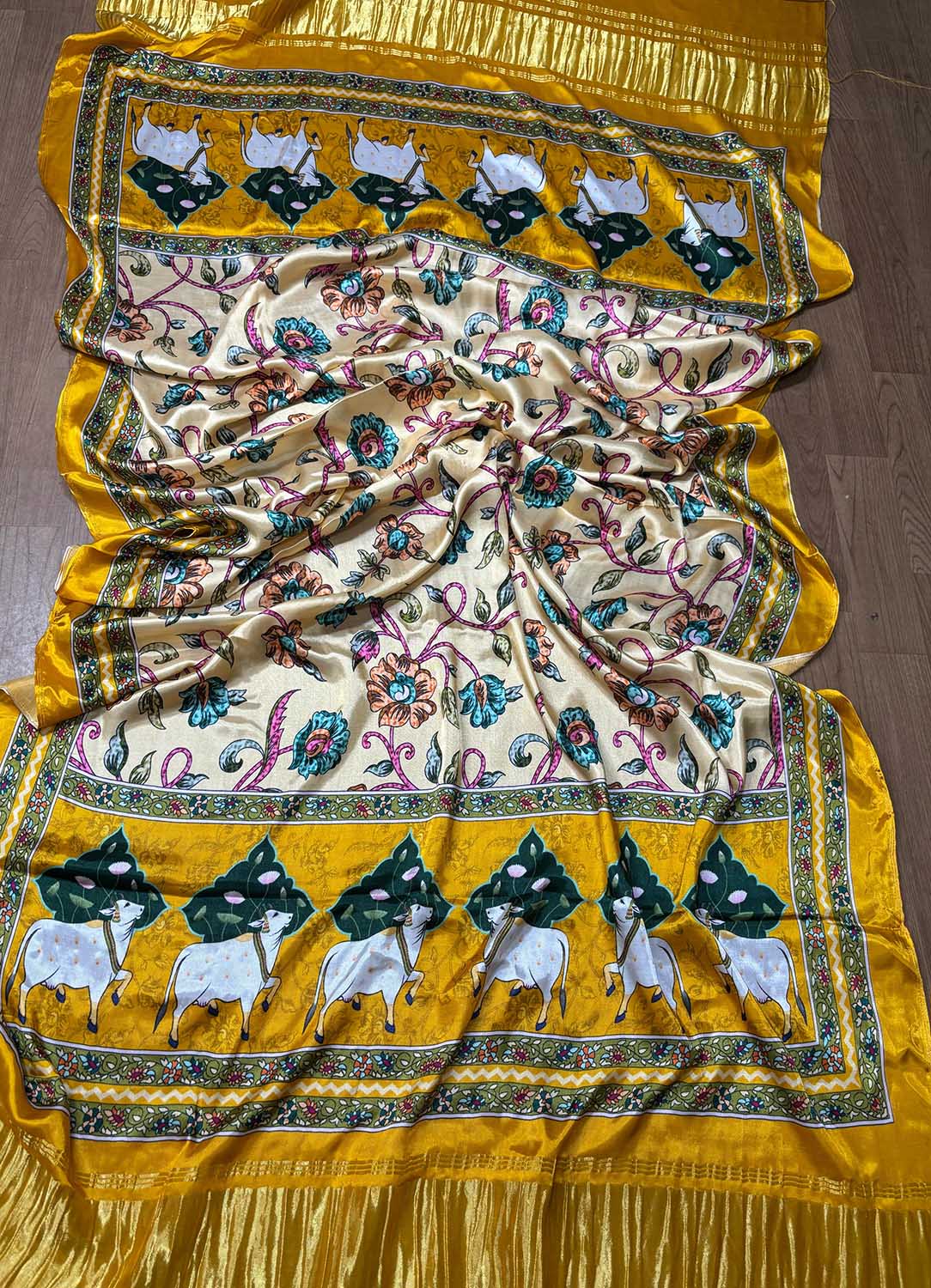 Yellow Digital Printed Floral And Pichwai Design Modal Silk Dupatta - Luxurion World