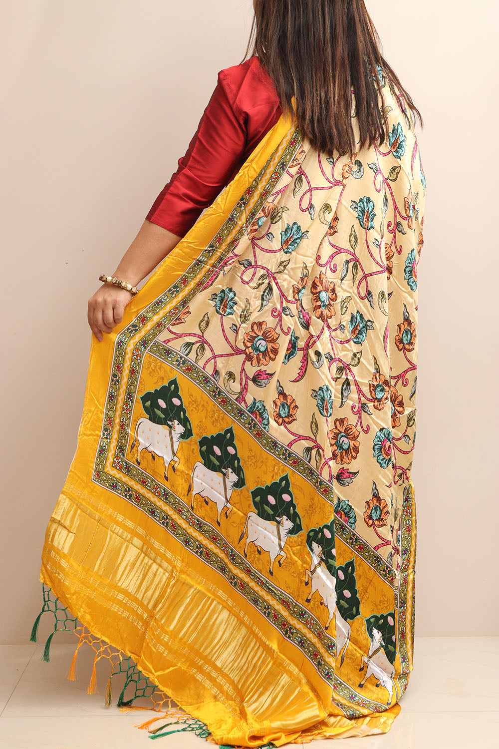 Yellow Digital Printed Floral And Pichwai Design Modal Silk Dupatta - Luxurion World