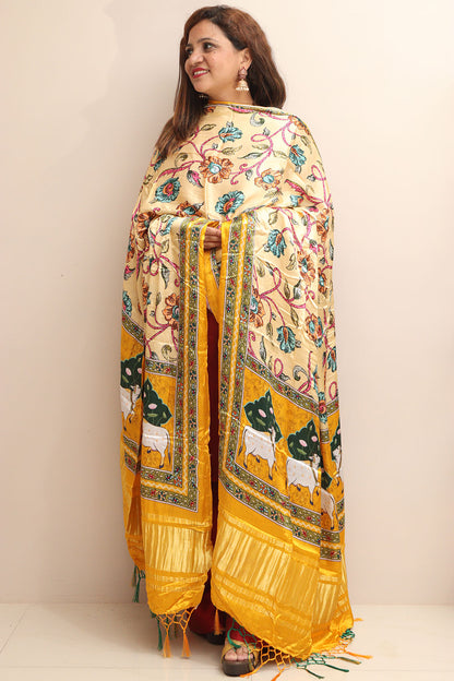 Yellow Digital Printed Floral And Pichwai Design Modal Silk Dupatta - Luxurion World