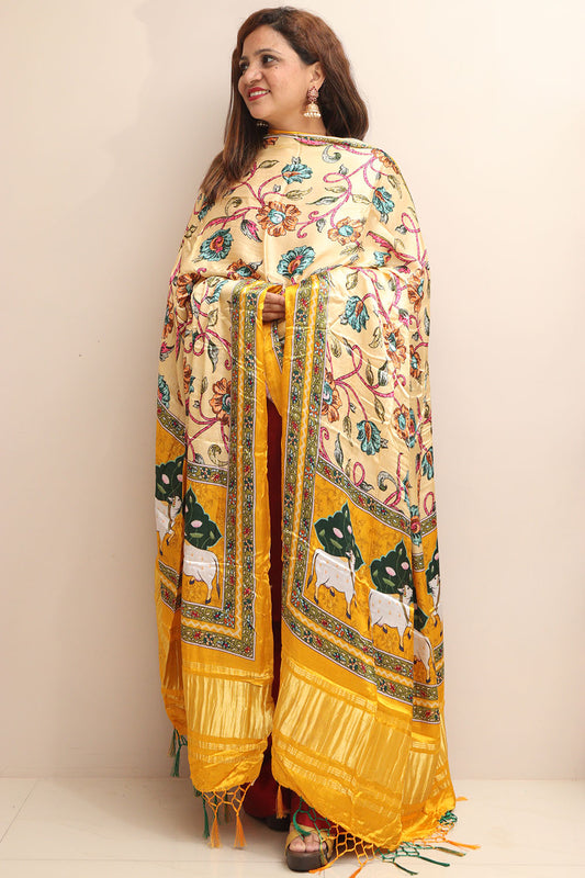 Yellow Digital Printed Floral And Pichwai Design Modal Silk Dupatta - Luxurion World