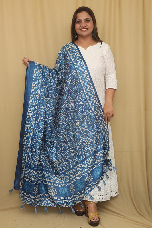 Blue Digital Printed Art Silk Floral Design Dupatta - Luxurion World