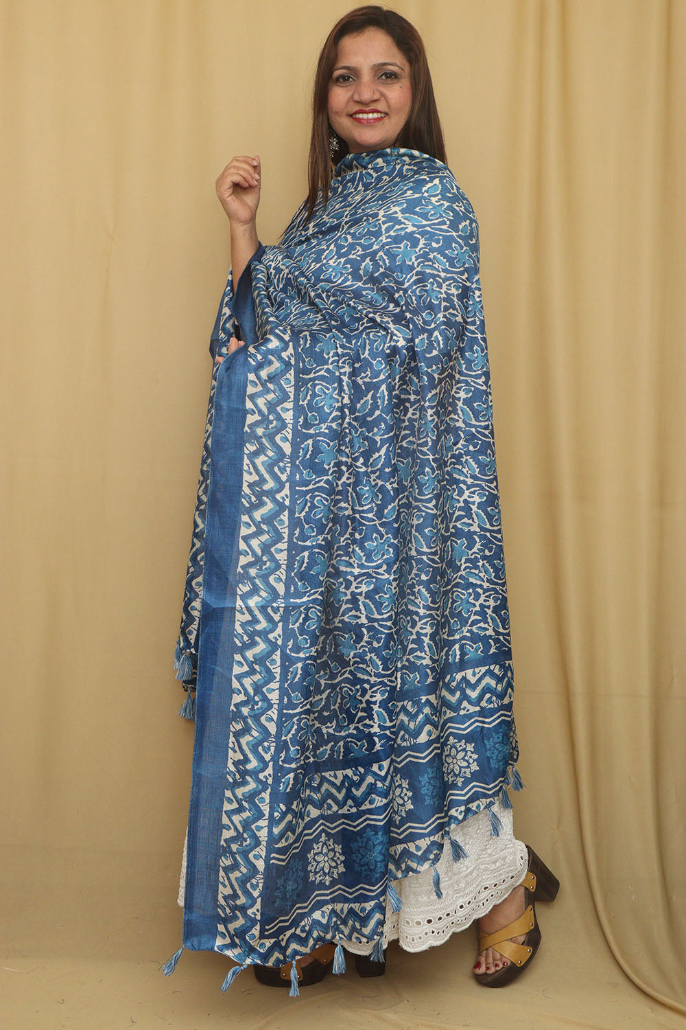 Blue Digital Printed Art Silk Floral Design Dupatta - Luxurion World