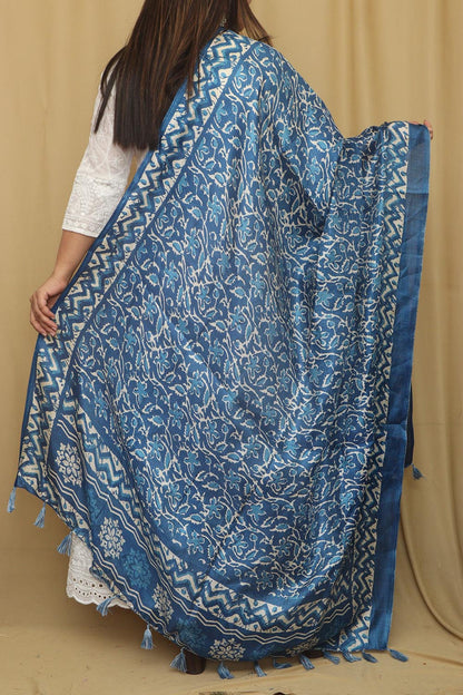 Blue Digital Printed Art Silk Floral Design Dupatta - Luxurion World