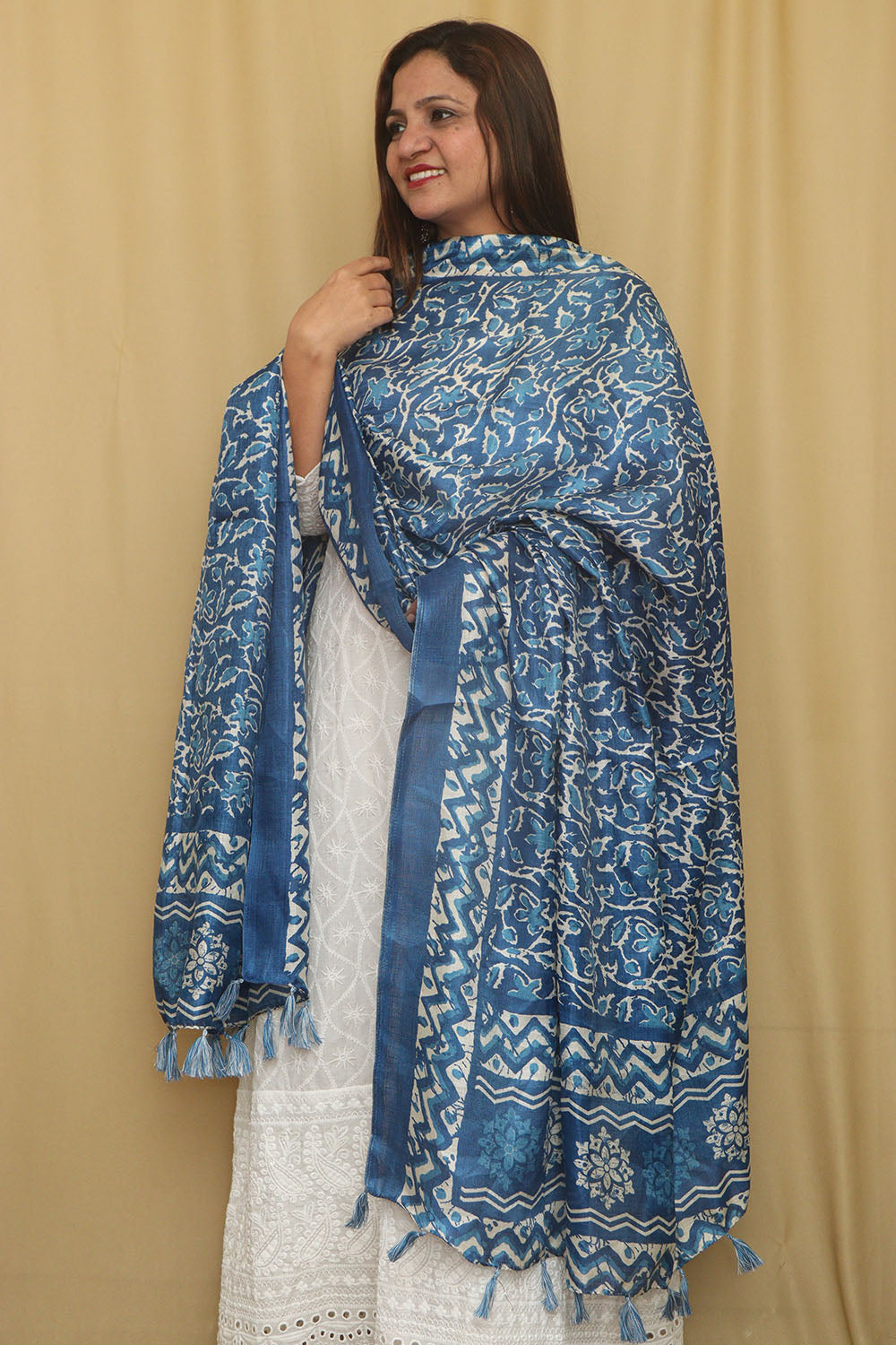 Blue Digital Printed Art Silk Floral Design Dupatta - Luxurion World