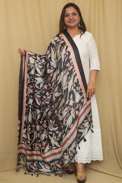 Black Digital Printed Art Silk Kantha Printed Design Dupatta - Luxurion World