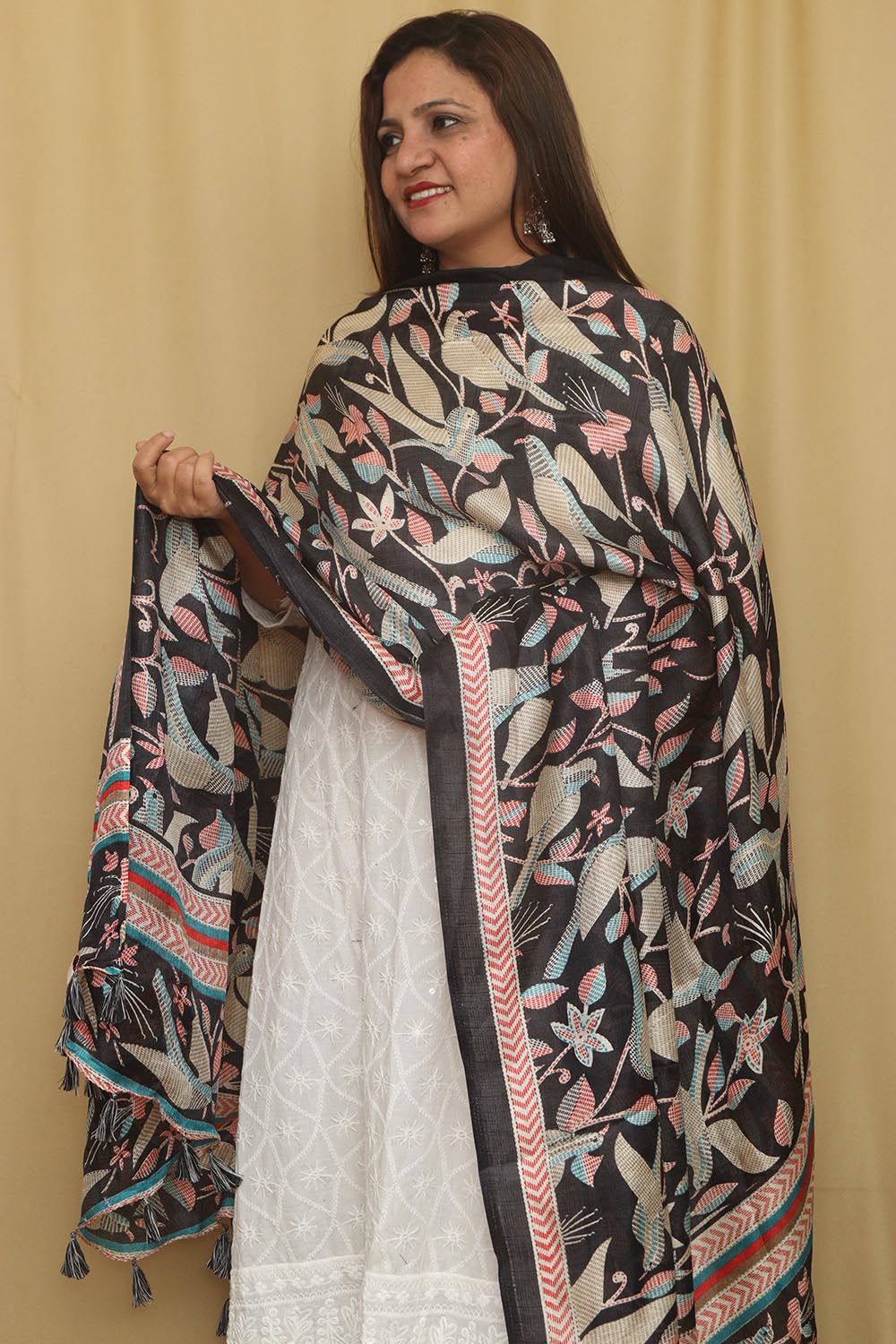 Black Digital Printed Art Silk Kantha Printed Design Dupatta - Luxurion World
