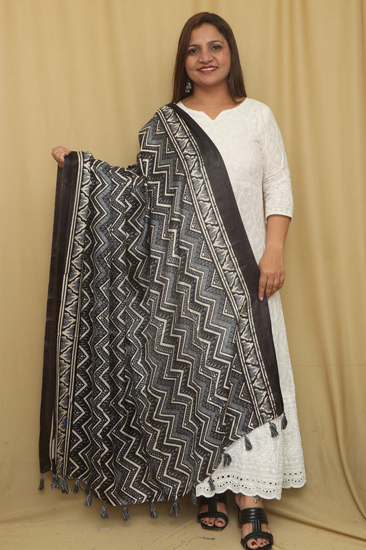 Stylish Black Digital Printed Art Silk Zig Zag Design Dupatta - Luxurion World