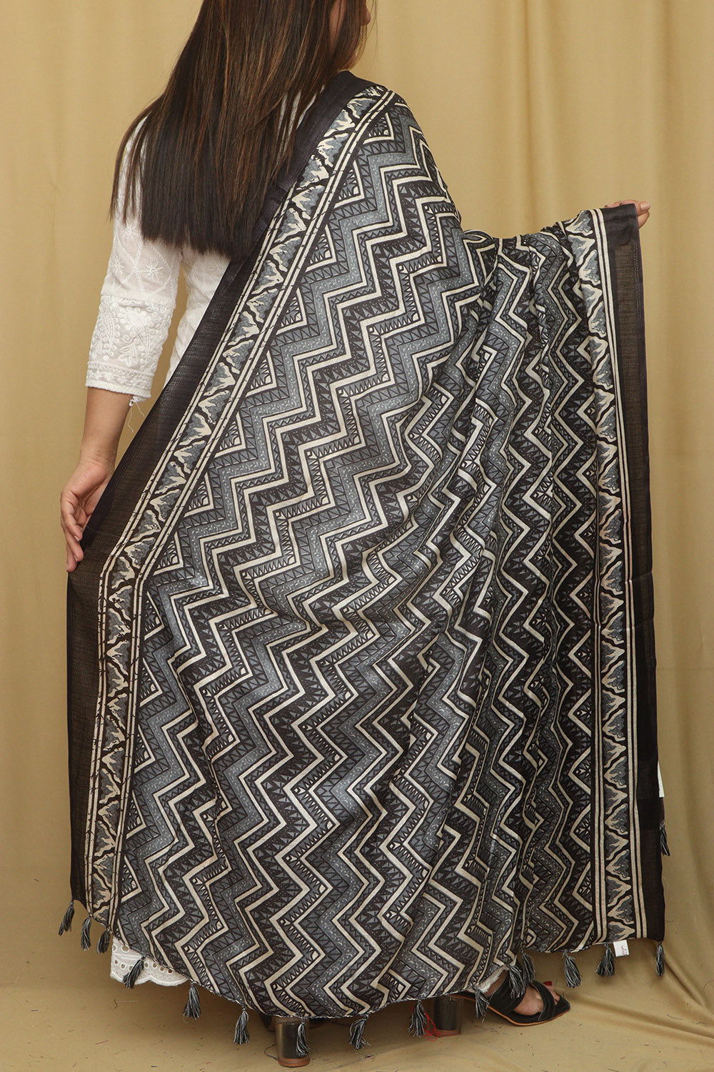 Stylish Black Digital Printed Art Silk Zig Zag Design Dupatta - Luxurion World
