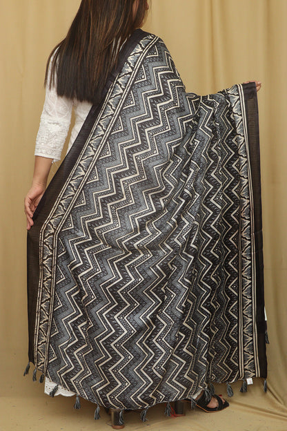 Stylish Black Digital Printed Art Silk Zig Zag Design Dupatta - Luxurion World