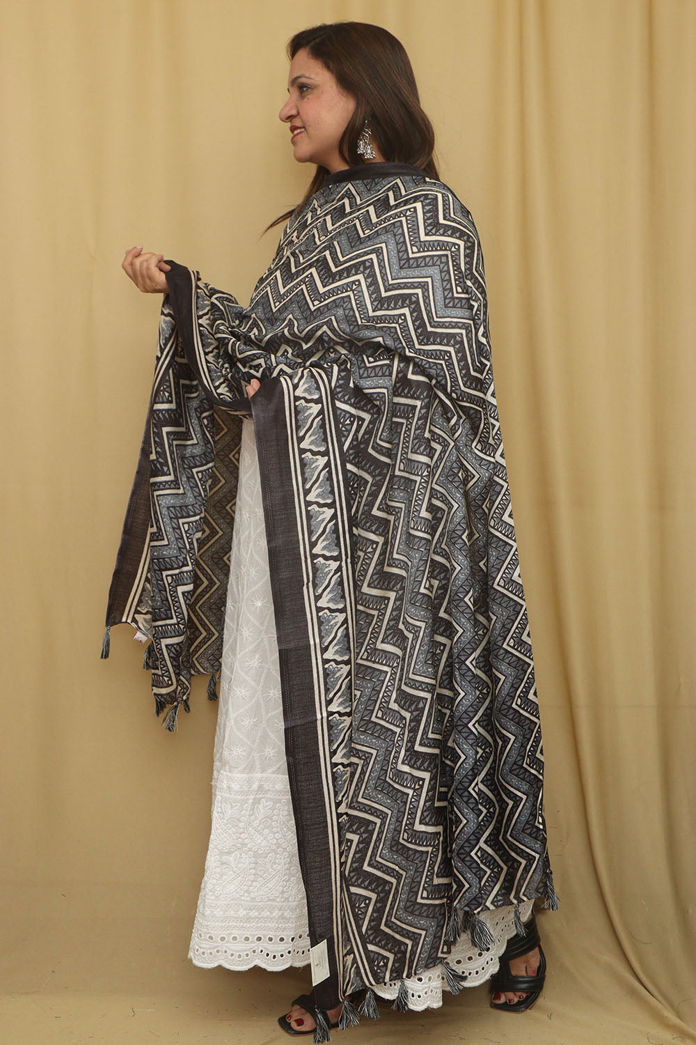 Stylish Black Digital Printed Art Silk Zig Zag Design Dupatta - Luxurion World