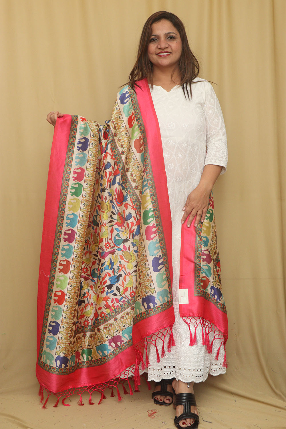 Multicolor Digital Printed Art Silk Bird And Flower Design Dupatta - Luxurion World